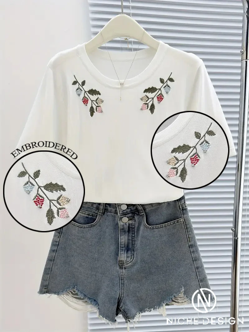 

Women's Embroidered T-Shirt ,2025 Summer New Solid Color Embroidered Short Sleeve T-Shirt Women's Casual Round Neck Beaded Top