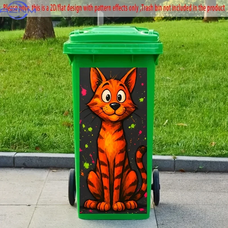 1pc Playful Orange Cartoon Cat Trash Can Sticker, .01x81.99 cm - Vibrant PVC Design with Green Lid, Perfect for Kitchen, Bathr