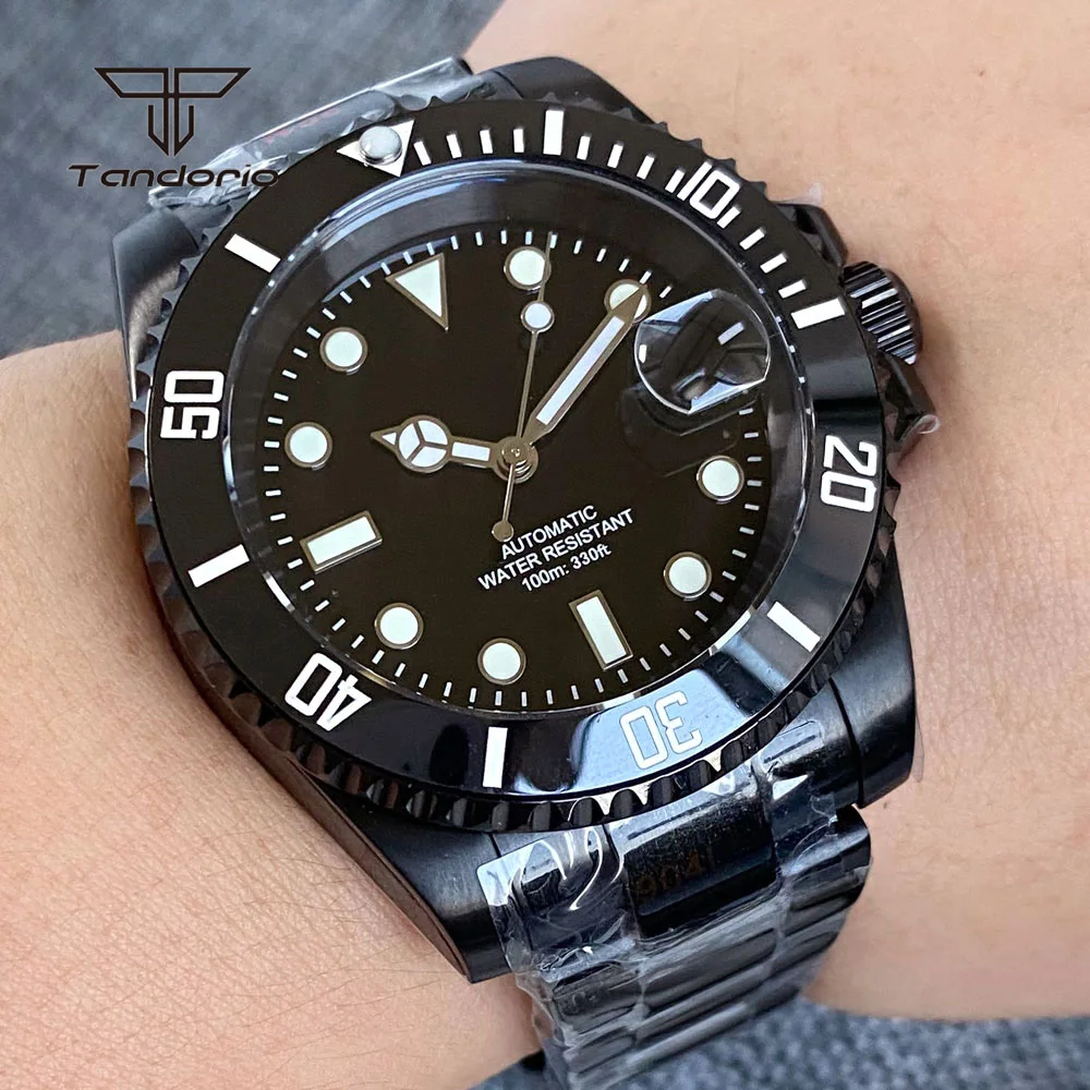 

Tandorio Full Black Business 40mm Automatic NH35 Men's Mechanical Watch Date Ceramic Bezel Sapphire Steel Wristwatch Luminous