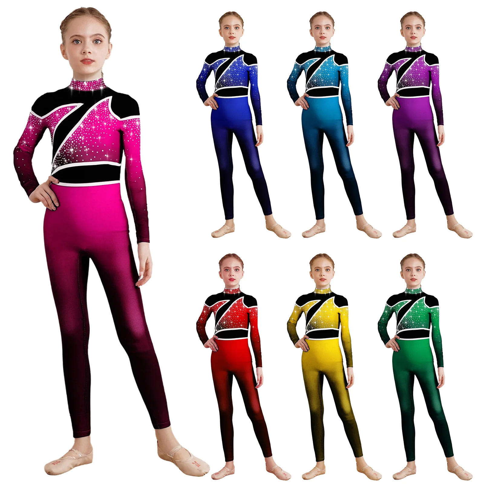 Combinaison de gymnastique pour enfants filles, dégradé, manches longues, bloc de couleurs, strass brillants, trou de serrure au dos, Costume de Performance, body