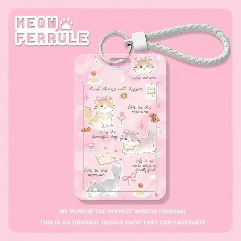 Cute Pink Cat Keychain Photo Sleeves Student Bus Card Meal Card Protection Case Acrylic Photocard Holder Kpop Photocard Holder