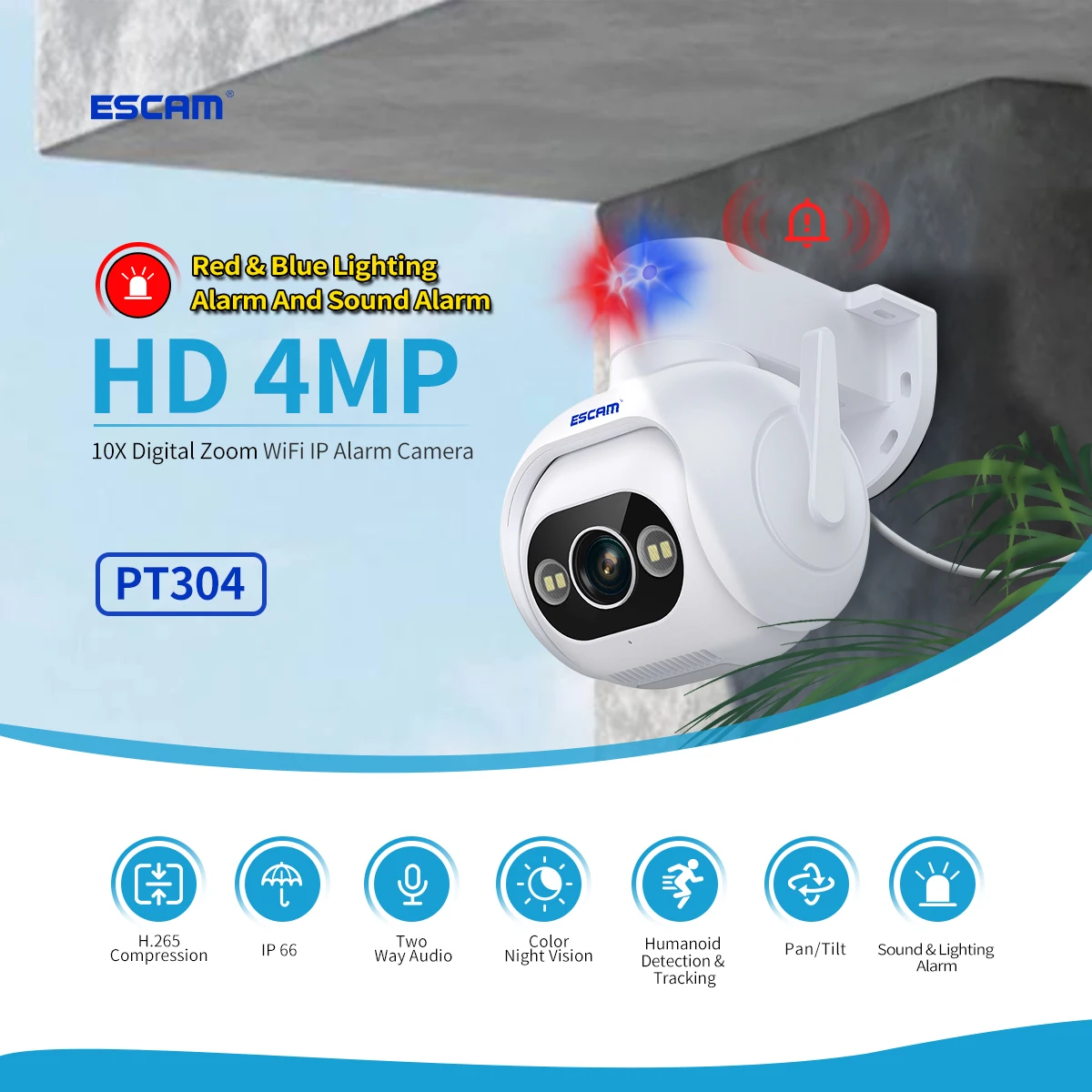 ESCAM PT304 4MP 1440P iCam365 APP Sound&Light Alarm 10x Zoom IP Camera AI Humanoid Detection Full Color  CCTV  Baby Monitor