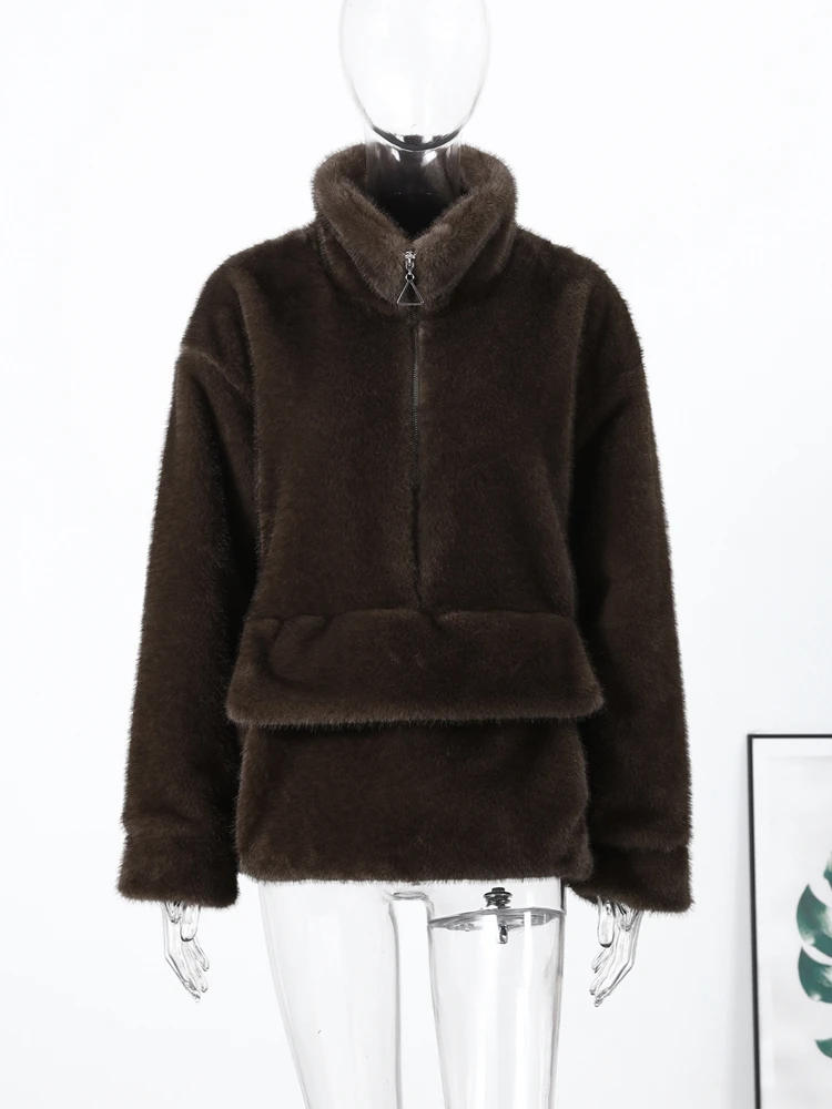 

Fashion Women Pullover Long Sleeve Faux Fur Zipper Pockets Stand Collar Female Coat Casual Streetwear Spring Loose Clothing 2026