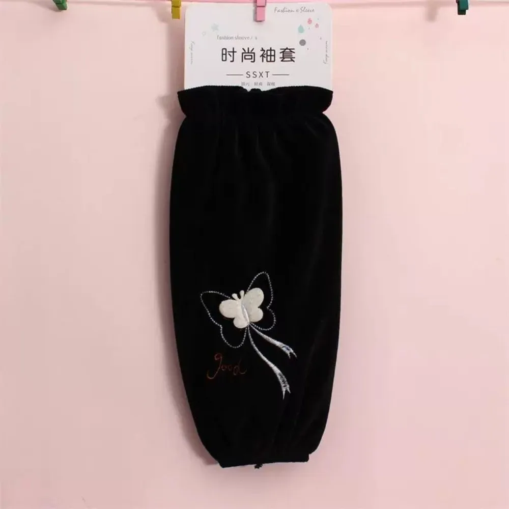 New Crystal Velvet Sleeve Protector Butterfly Embroidery Long Length Arm Cuff Soft Elastic Cuff Sleeve Cover Autumn Winter