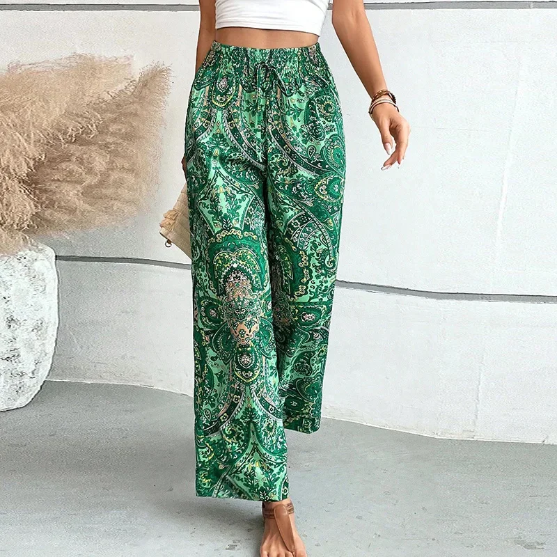 Spring Summer Women Pants Elastic Waist Printed Wide Leg Pants For Women Casual Trousers Streetwear 2024