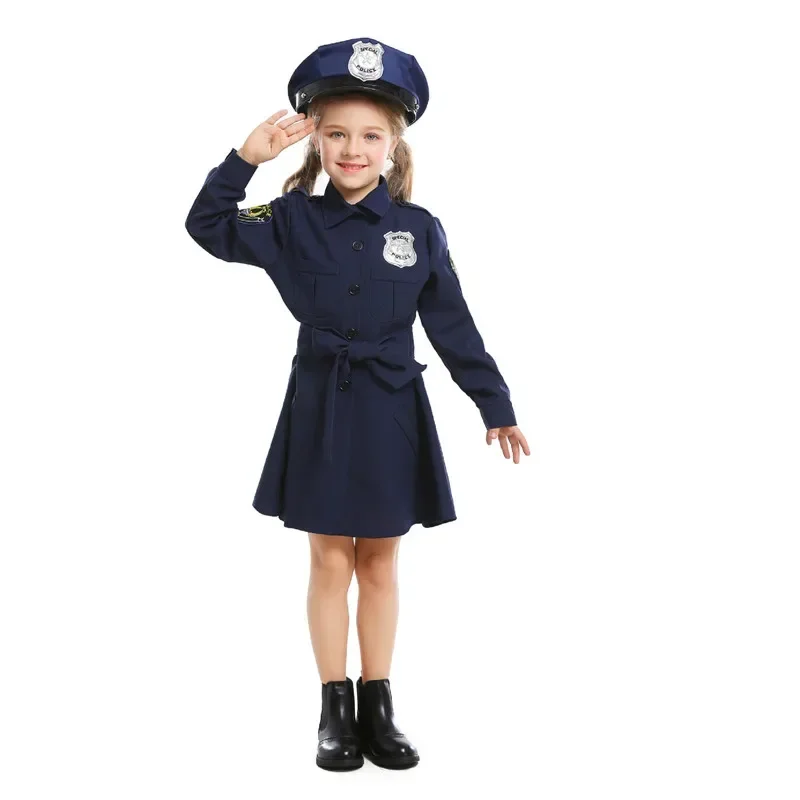 Police Costume Halloween Girls Dress Up America Cop Costume for Kids with Handcuffs Baton Walkie-talkie Accessories Gift