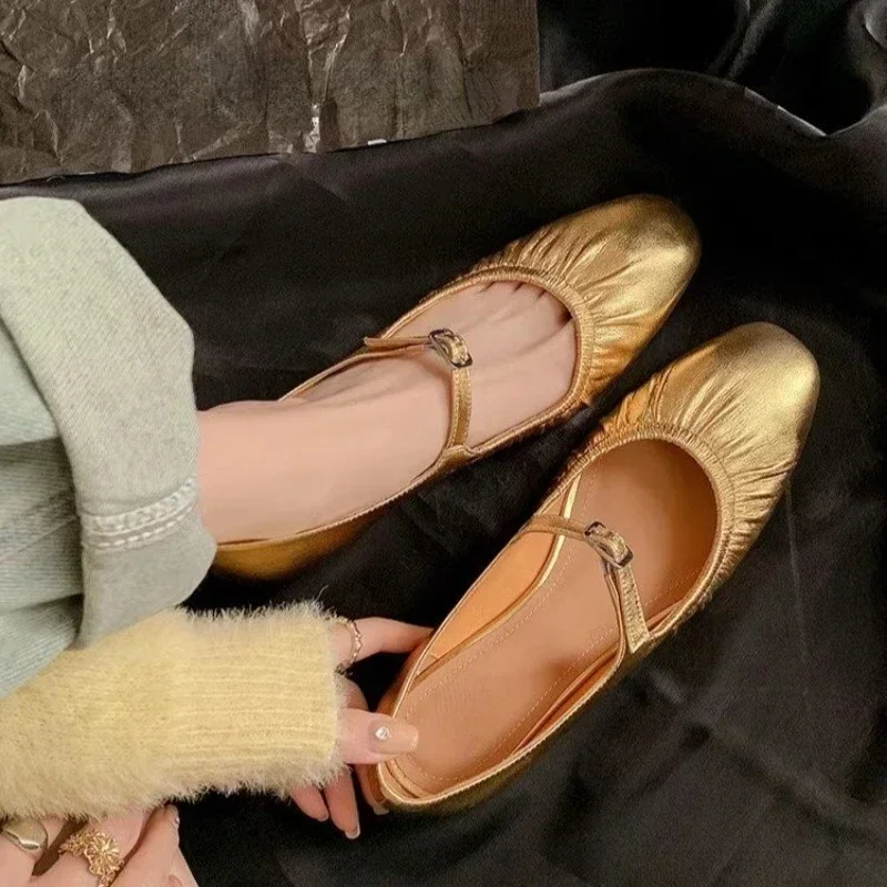 Pleated Fashion Ballet Flats Women Leather Shoe Women Casual Buckle Strap Silver Flats Gold Square Toe 2024 Spring Women\'s Shoes