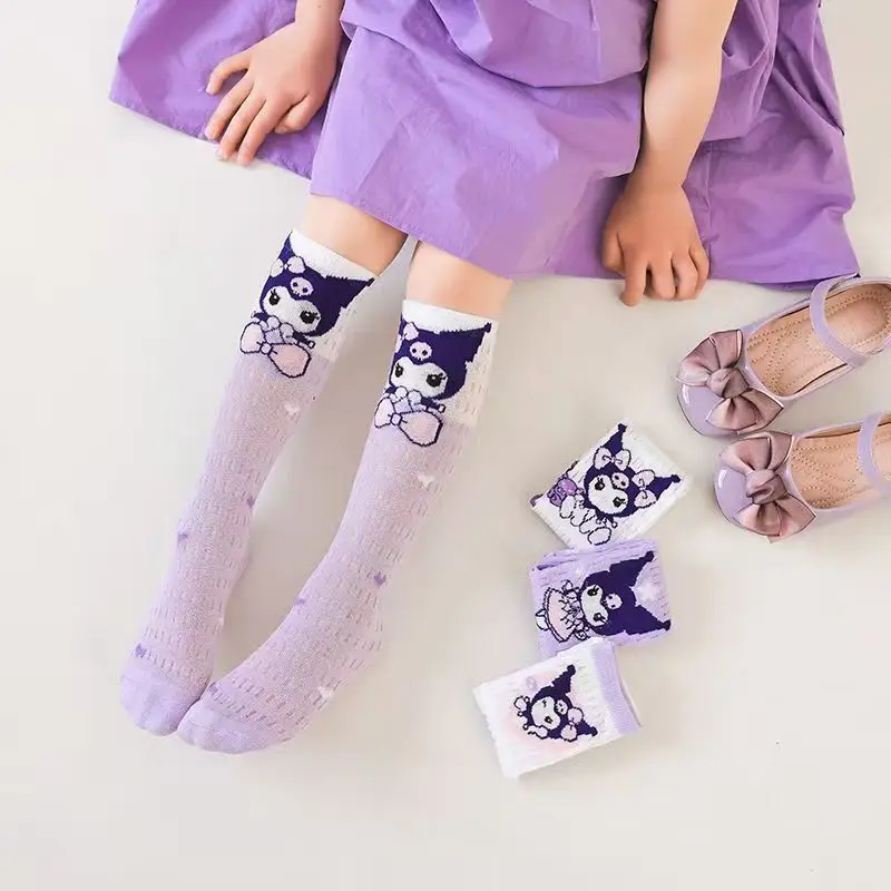 سانريو كورومي 4 قطعة جوارب للأطفال kawaii الفتيات جوارب العجل القطن الخالص رقيقة شبكة الصيف الكرتون منتصف تخزين هدية عيد