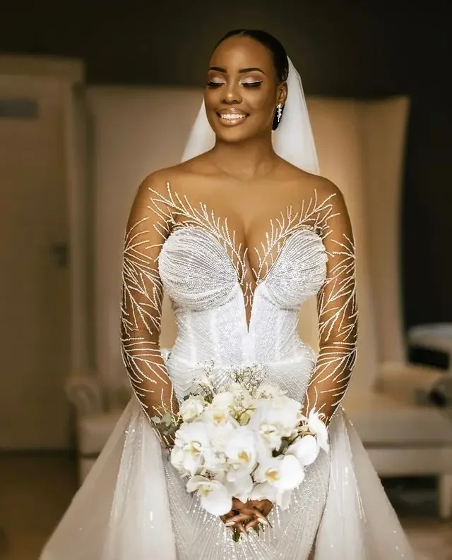 맞춤형 아랍어 화이트 인어 웨딩 드레스 페르시 스팽글 레이스 섹시한 멋진 신부 가운 드레스