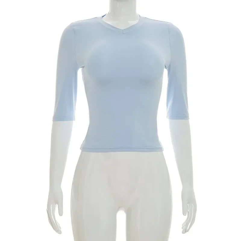 Schlankes V-Ausschnitt T-Shirt für Damen mit Ellbogenärmeln, Vintage Casual Basic Crop Top, Street Bodycon Y2K Ästhetik Commute T-Shirt 2026 – Detail 4