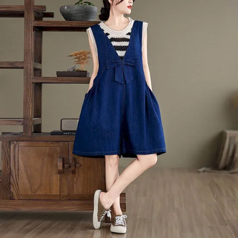 

Джинсовые комбинезоны для женщин, винтажный цельный наряд в корейском стиле, повседневные свободные комбинезоны, однотонная одежда для женщин, джинсы до колена