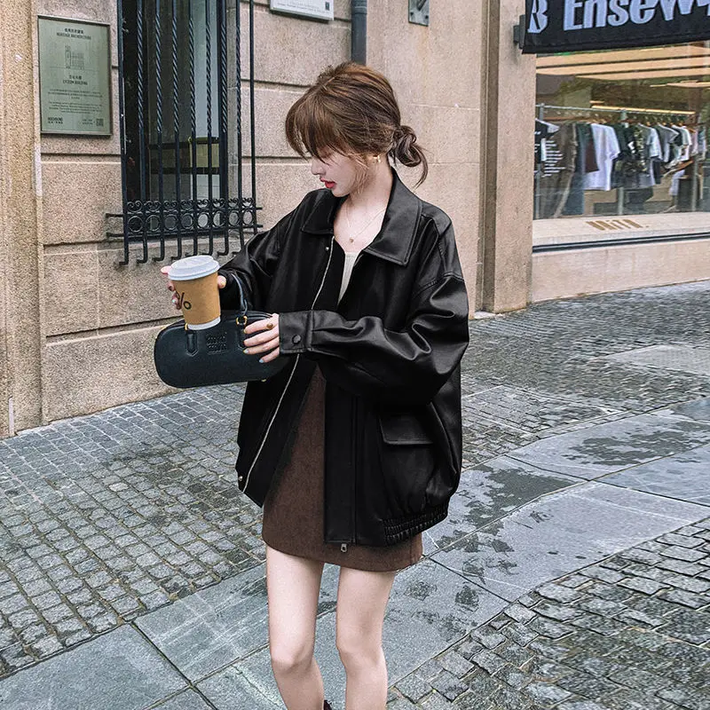Giacca da donna streetwear retrò allentata corta in ecopelle Pu primavera autunno cappotto con cerniera femminile capispalla da motociclista vintage
