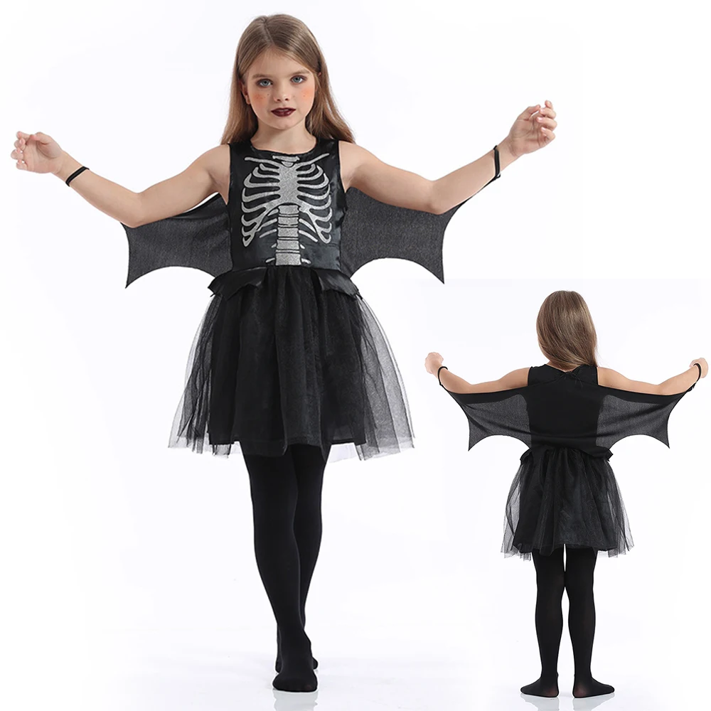 

Toddler Girls Scary Costume Princess Bat Dress Halloween Bat Costume Skeleton Printed Bat Lace Tutu Dress with Wings