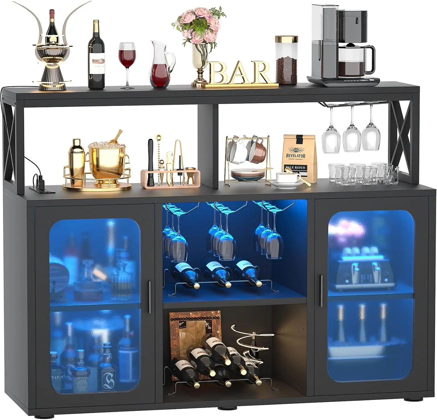

Bar Cabinet with Power Outlets, LED Lights & Glass Holder, Storage Buffet Coffee Bar for Liquor/Wine Racks -G2, Black