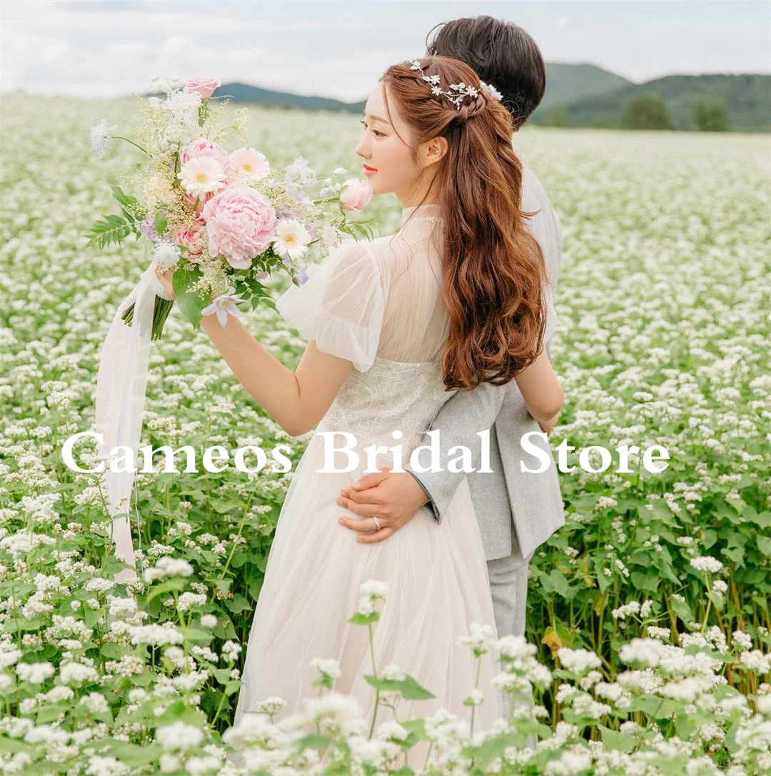 Vestido de novia de cuello alto de Corea, vestido de novia elegante de encaje de tul Vintage, vestido de noche fruncido, vestido de novia marfil, 2023