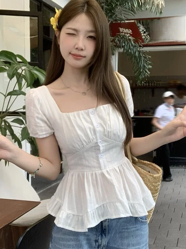 

Женская рубашка больших размеров, летняя хлопковая блузка в корейском стиле с квадратным воротником в горошек, короткими рукавами, утягивающая талию, с завязками сзади, стройнящая фигуру