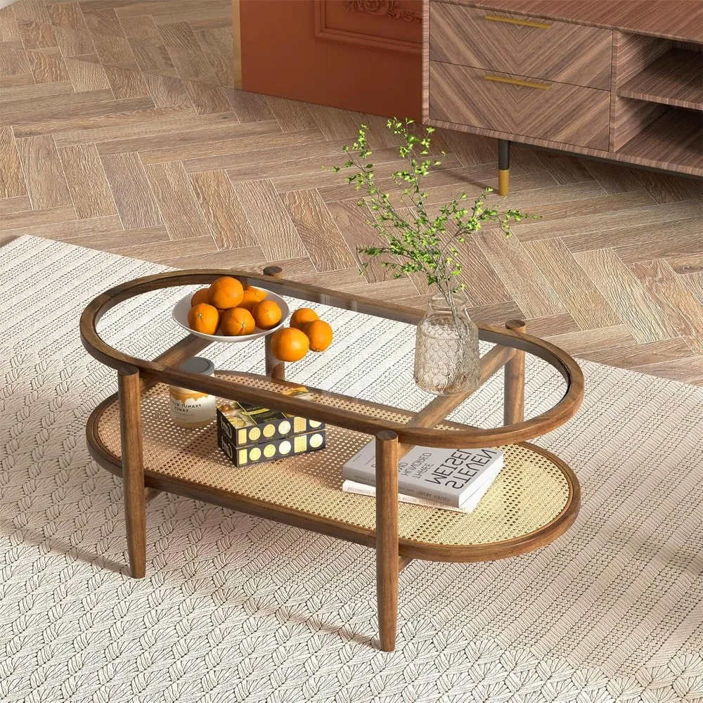 2-Tier Center Table with Tempered Glass Tabletop & PE Rattan Storage Shelf, Mid Century Modern Tea Table