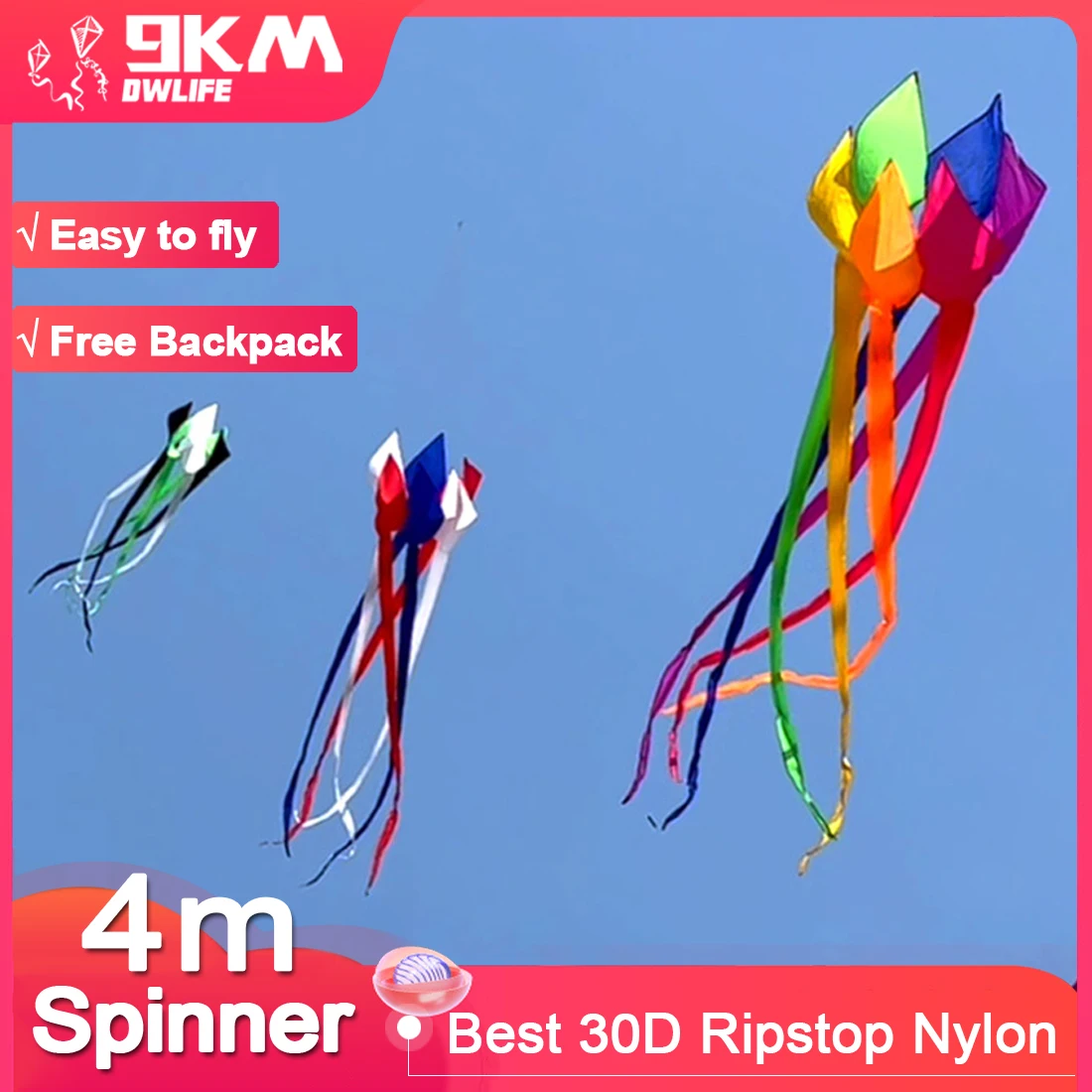 9KM 4m Windsock Spinner Turbine Line Colgante de lavandería Soft Inflable Show Kite 40D Ripstop Nylon con bolsa