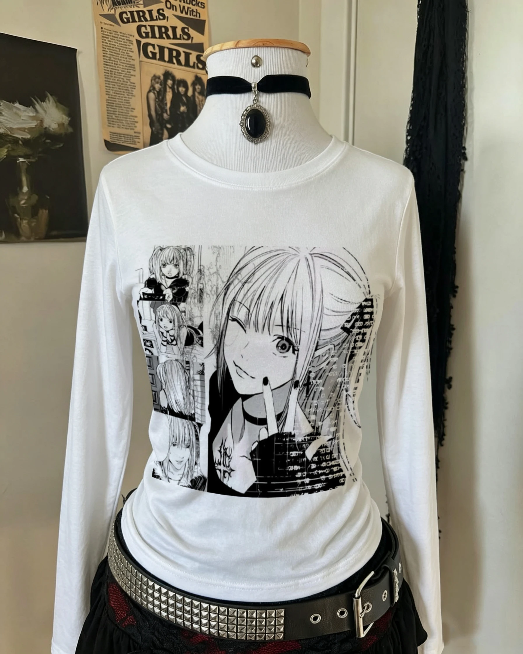 Damen Death Note Misa Amane Manga Panel Grafik Langarm-Oberteil Anime Y2K Harajuku Gothic Slim Weißes Crop-Shirt Streetwear – Detail 1