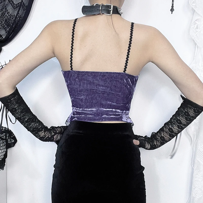 Goth Dark Lace Trim Gothic Aesthetic Camisole Grunge Punk Women Crop Tops Backless Basic Autumn Alt Clothes CF24124AHO