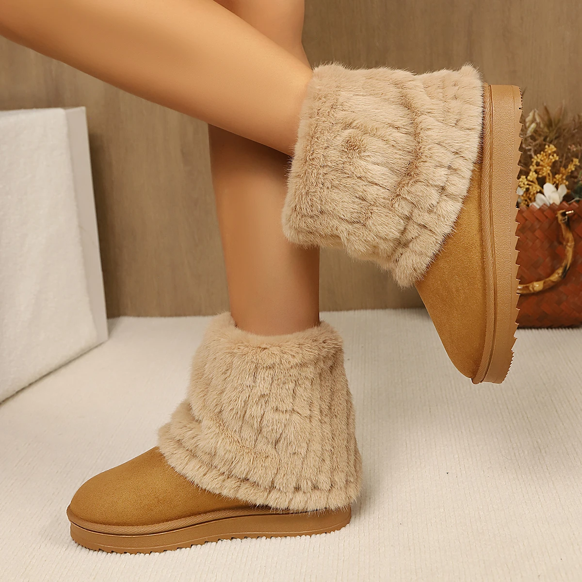 Schuhe für Damen, Winterstiefel zum Hineinschlüpfen, schwarze, runde Zehen, einfarbig, mit weichem Innenfutter, warm, mit mittlerem Absatz, wasserdicht, lässige Schneestiefel für Damen. – Detail 12