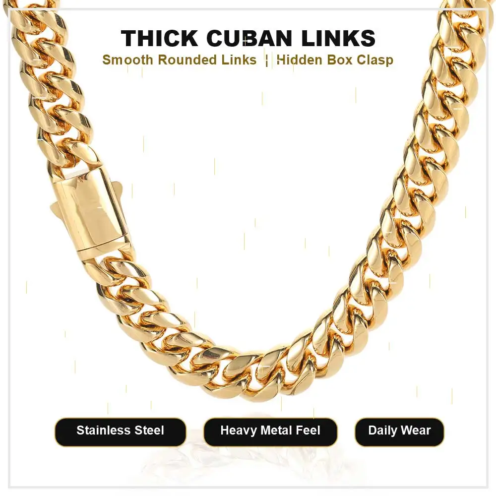 ESKEEM 8/10/12/14mm Stainless Steel Miami Cuban Chain Necklace Snap Clasp Hip Hop Jewelry Men Women Gift