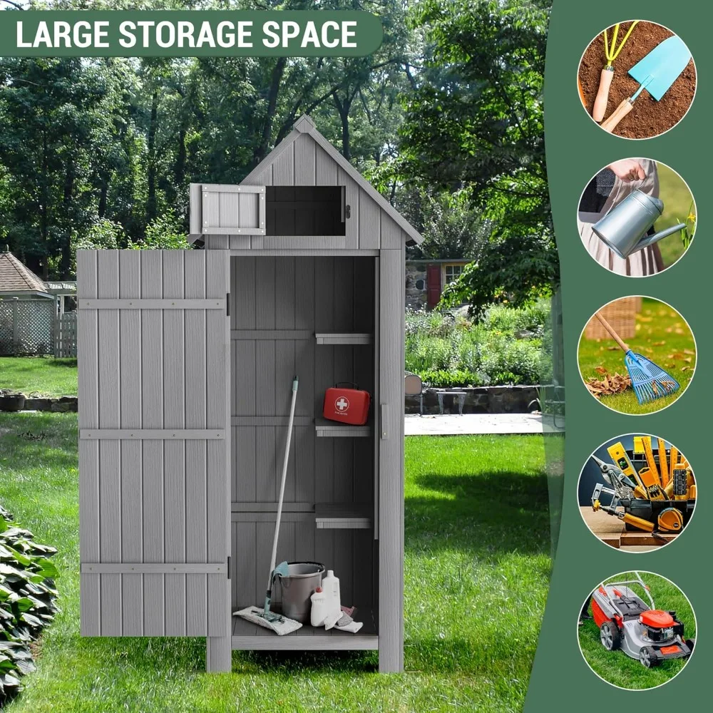 Outdoor Storage Shed with Floor, Wooden Garden Tool Storage Cabinet, 70”Tall Water-Resistant Outhouse Kit for Deck