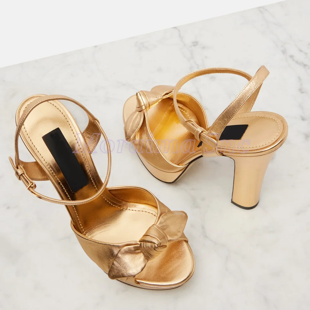 

Metallic Leather Platform Sandal Knot Decor Round Open Toe Ankle Buckle Strap Block High Heeled Fashion Women's Summer Shoes New