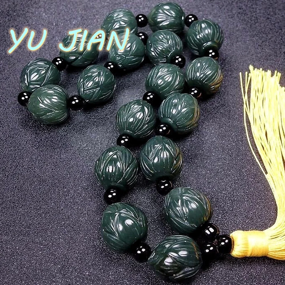 

Hetian Jade Green Jadeite Buddha Bead Hand String Bracelet Lotus Rosary Car-Pendant Pendant Simple Decoration Chain Fine Jewelry