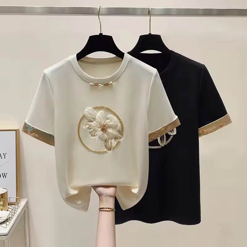 

Flower Embroidery Fashion Printed T-shirts Short Sleeve Women Tops 2025 Summer Female Clothing Casual T-shirts Chic Tee