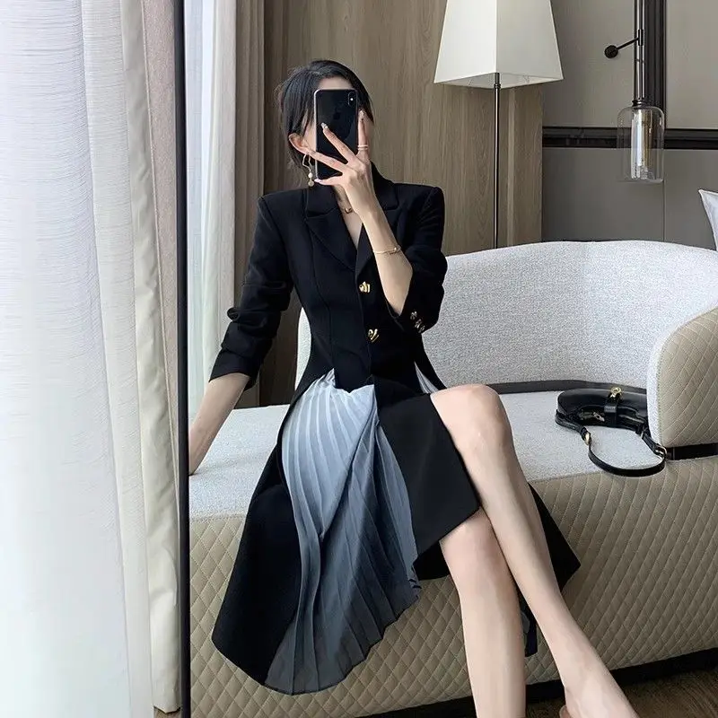 Women Slim Black Suit Dress Spring Autumn 2023 Korean Office Lady Graceful Metal Button Mesh Patchwork Dresses Workwear Female