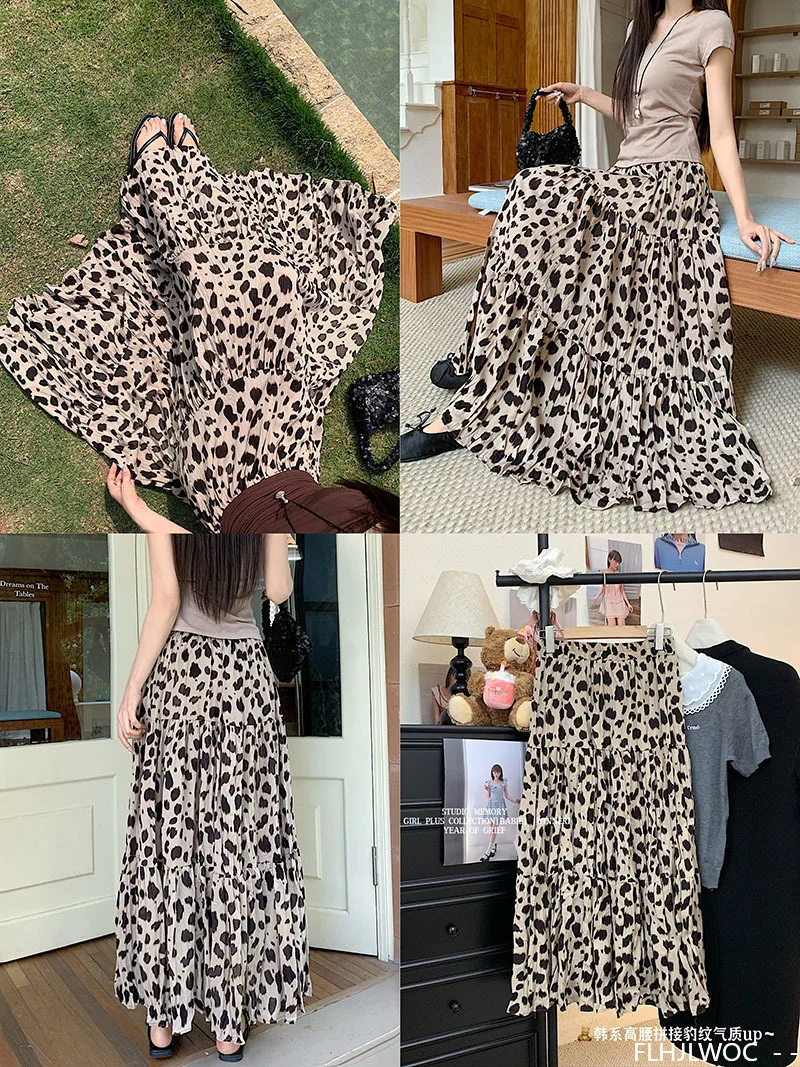 FLHJLWOC faldas Retro americanas de diseño nuevo 2025 mujer linda dulce Japón niñas Vintage falda larga de leopardo de moda