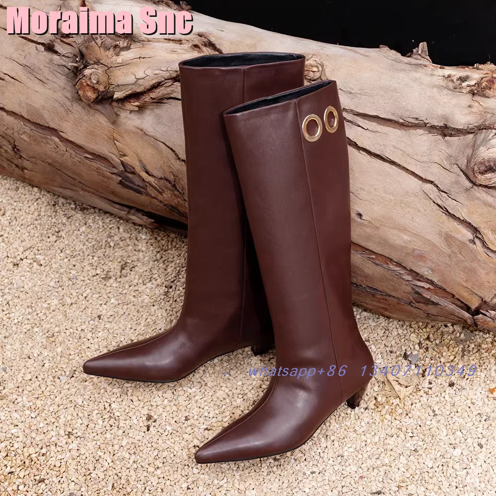 Eyelet Decor Pointed Toe Knee High Boots Strange Low Heel Slip On Fashion Women's Long Modern Boots Autumn Winter Brown Plained