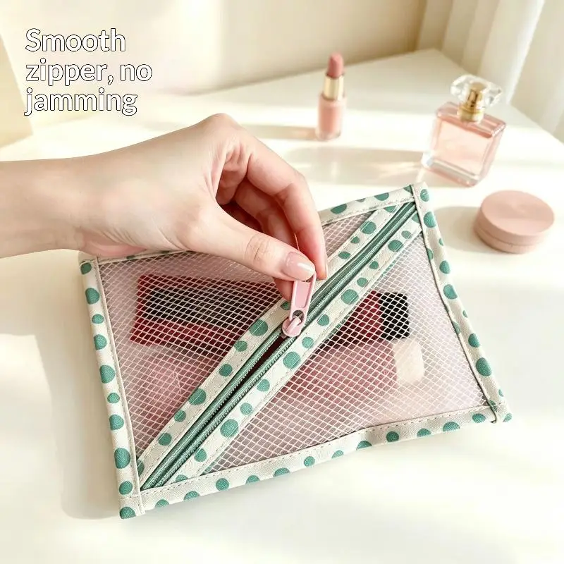 1Pcs Peach Polka Dot Toiletry Bag Portable Mesh Zipper Cosmetic Makeup Storage Pouch for Outdoor Camping Use