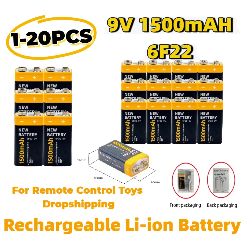 

New USB Type-C 9V 6F22 1500mAh Li-ion Battery Rechargeable Lithium Battery For Remote Control Toys Dropshipping