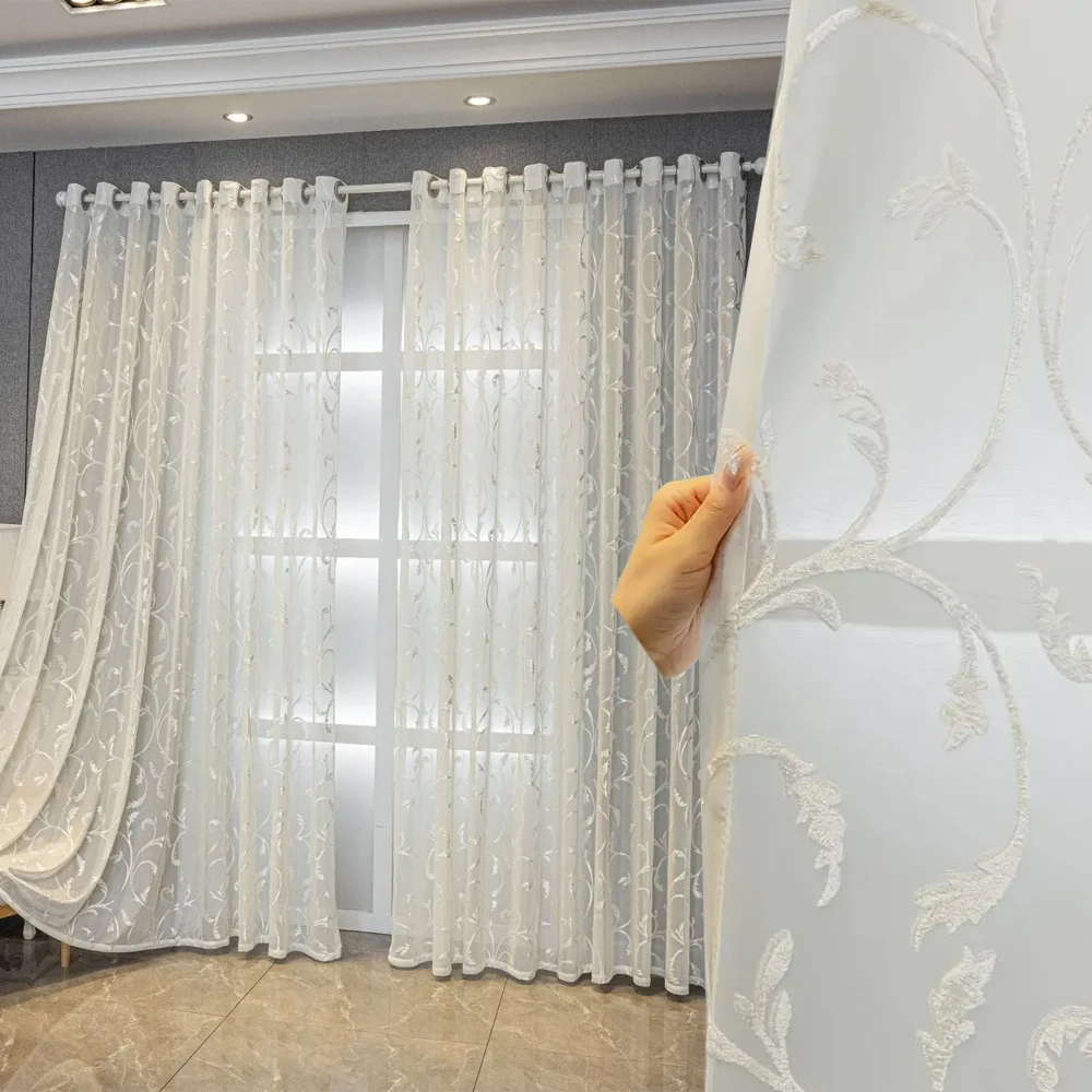 1pc White Vine Embroidered Sheer Curtains, European Luxury Light Filtering Voile, Ready-Made Drapes for Living Room Bedroom