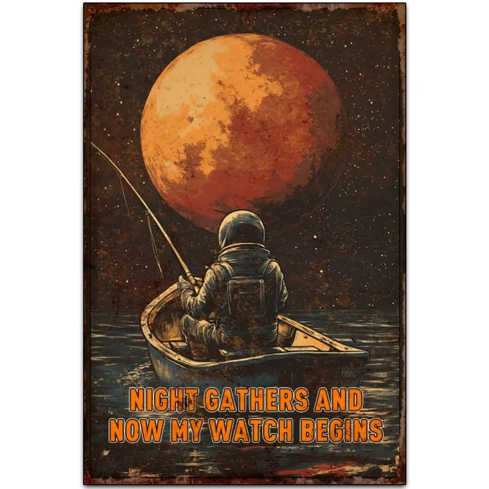 RetroNightWatchSign Night Gathers and Now My Watch تبدأ علامات القصدير - طباعة فنية جدارية معدنية عتيقة، ديكور لوحة من القصدير للغرفة