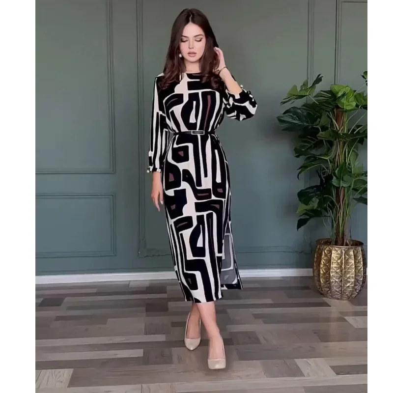 Women Dresses Long Sleeve O Neck Pullover Print Striped Dress Patchwork Streetwear Vestidos Flat Autumn Loose Fit Belt