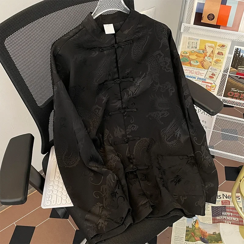 

Мужская блузка в китайском стиле кунг-фу, жаккардовая рубашка с черным драконом, атласный топ с длинным рукавом, традиционный мужской костюм тай-чи на пуговицах