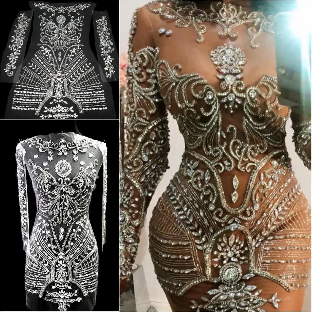 Hand Made Custom Nude Mesh Wedding Pageant Dress Sew on Rhinestones Crystal For Diy Design Tailor Patch Appliqued Bodice silver