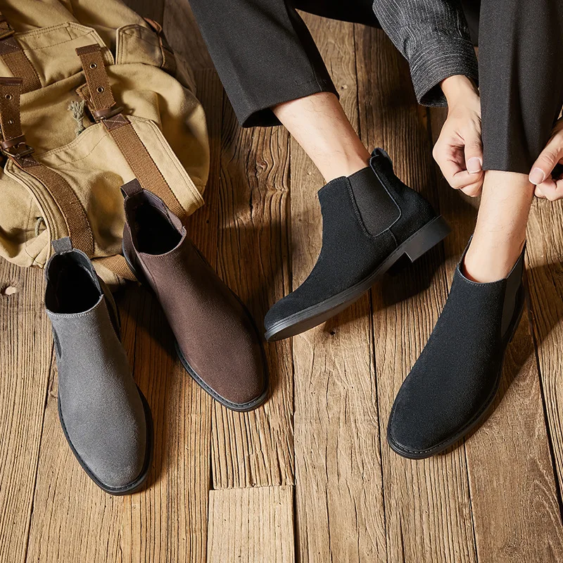 Shoes for Men Cow Suede Leather Casual Shoes Pointed Toe Heels Leisure Shoes Youth Slip-on Chelsea Boots