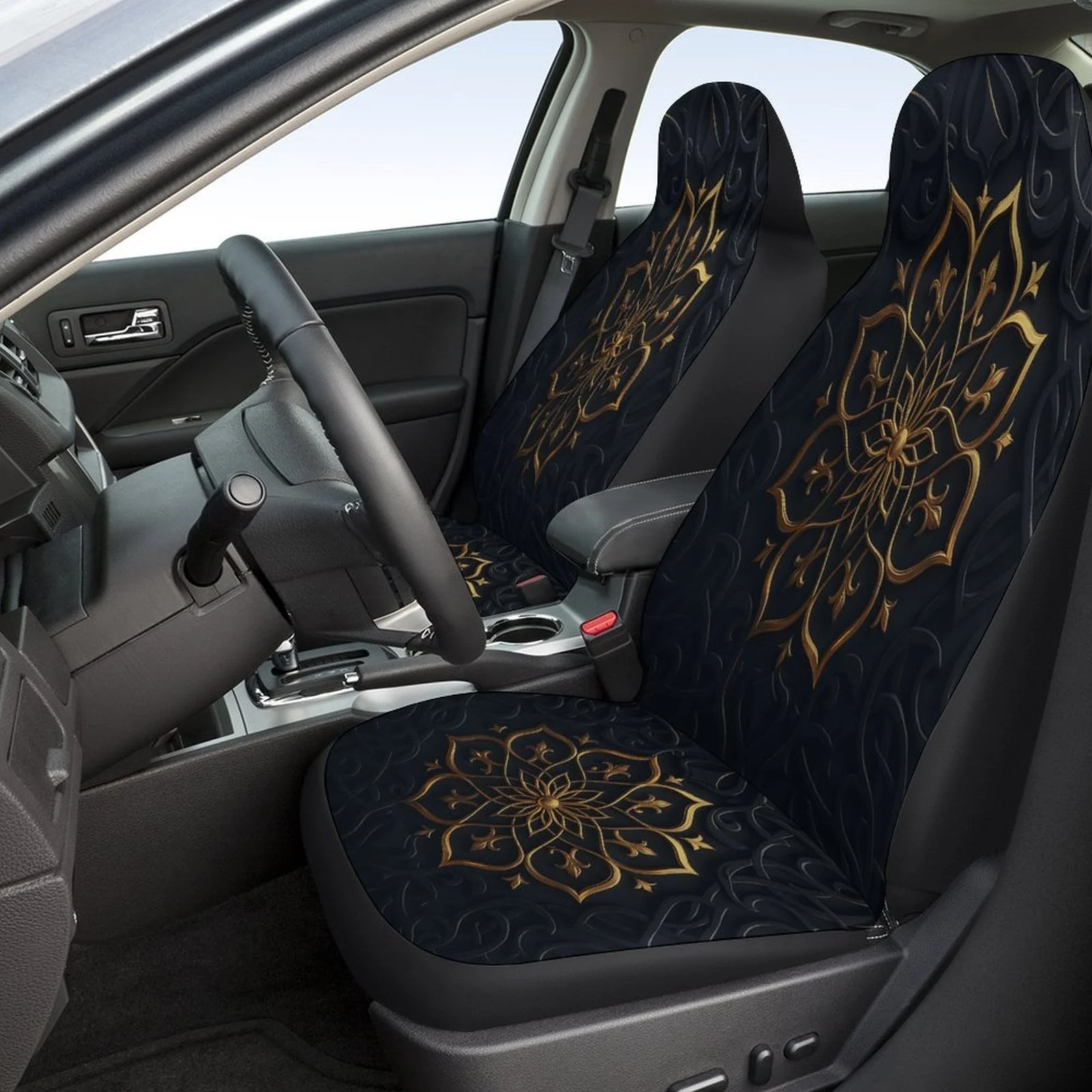 Set Of Car Seat Covers Featuring A Golden Mandala Design, Suitable For Various Vehicles. These Stylish And High-Quality Covers P