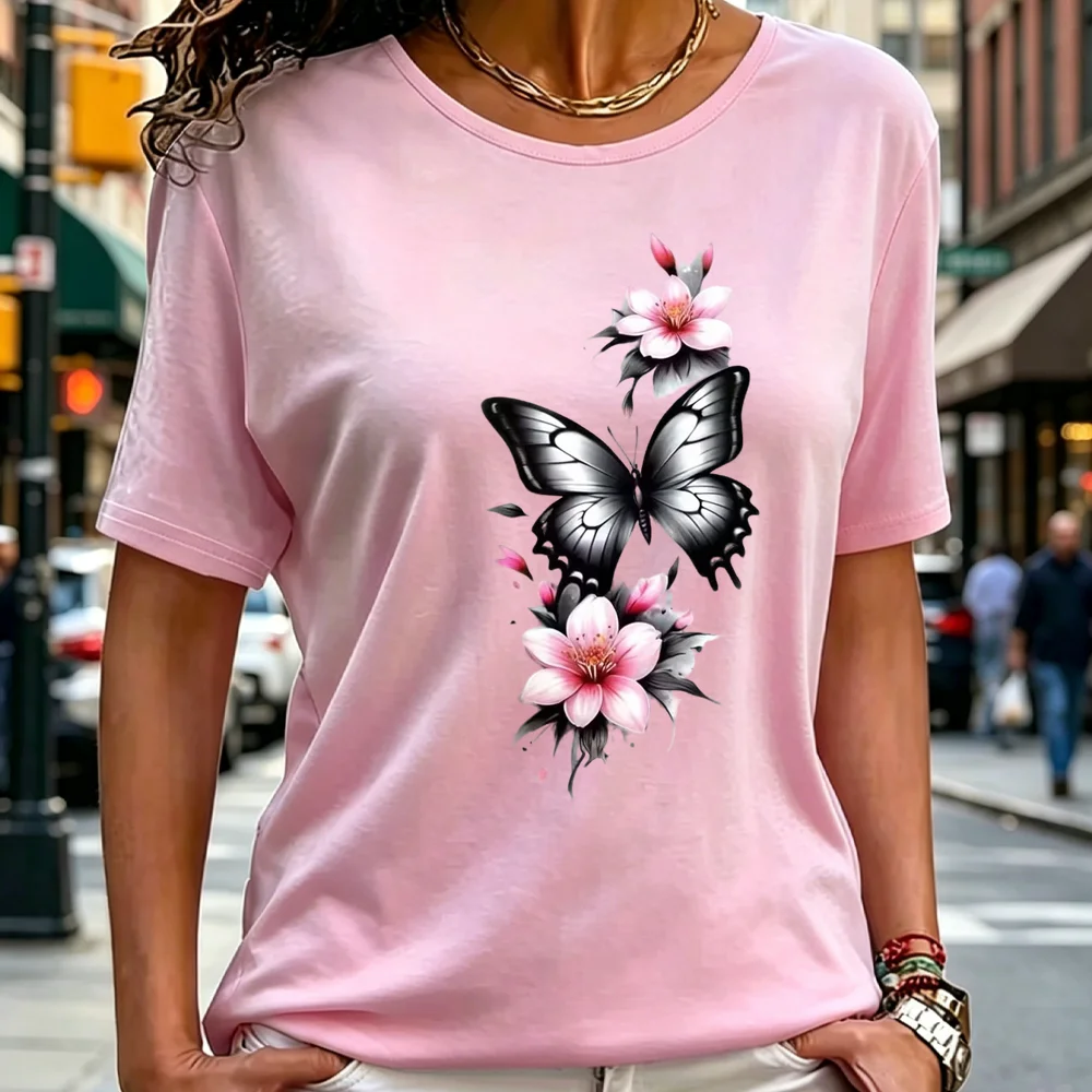 Summer new fashionable women's T-shirt butterfly print casual round neck short sleeved women's T-shirt quick drying clothes