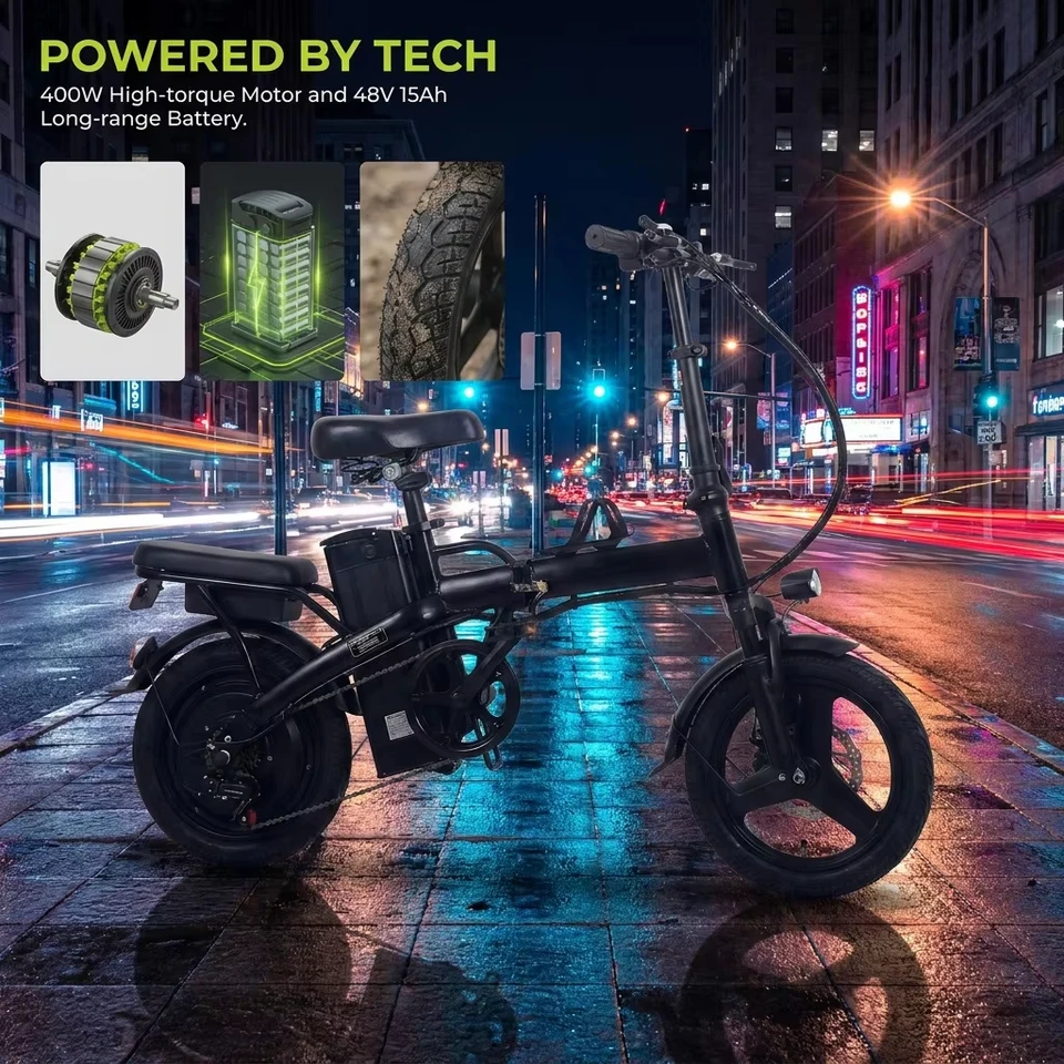 Electric Bike for Adults City Commuter, 500W Motor 48V 15Ah Removable Battery, Front & Rear Disc Brakes, All-Terrain Tires, Folding E-Bike with Dual Seat & Lights image 8