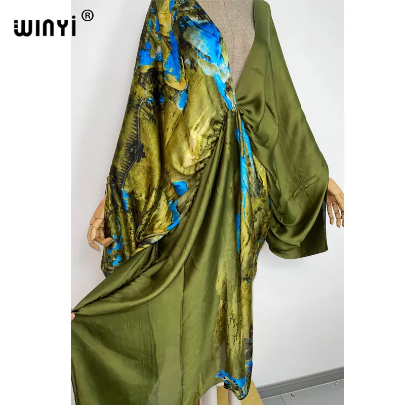 WINYI New Fashion Bohemian Deep V-neck Floral europea For Lady Free Size Loose Batwing Holiday Beach cover up Party Kaftan Dress