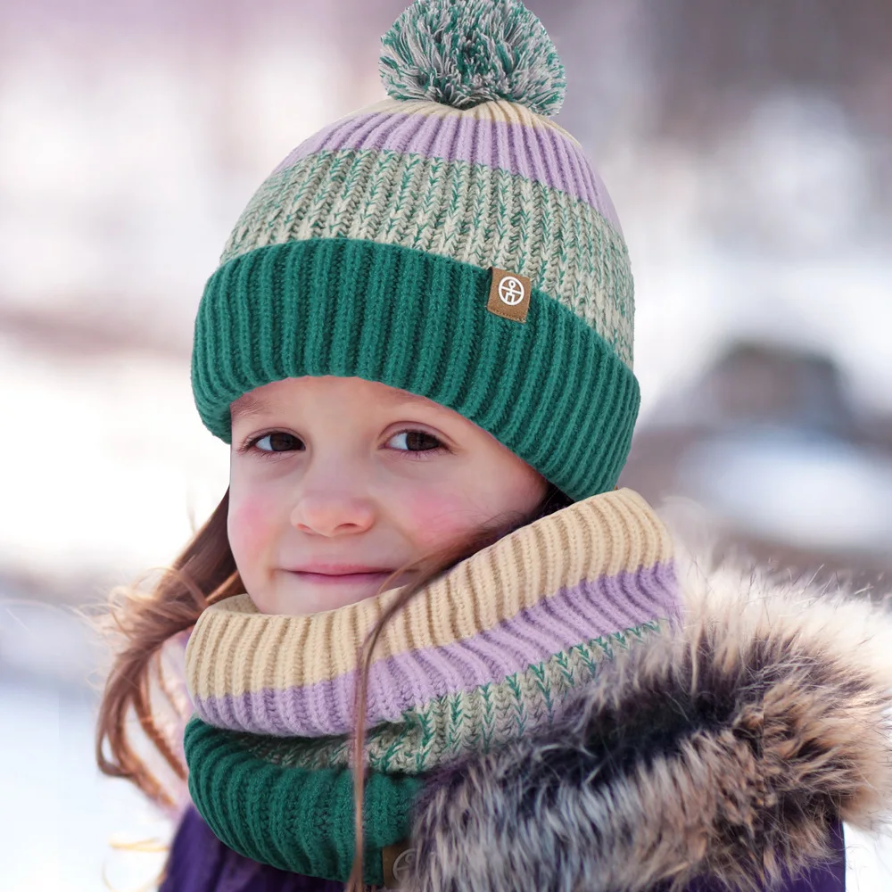 

Winter Boys Girls Warm Wool Blend Beanie Hat Scarf Gloves 3-Pieces Set Children Fleece Lined Outdoor Skull Caps Neck Scarves Set