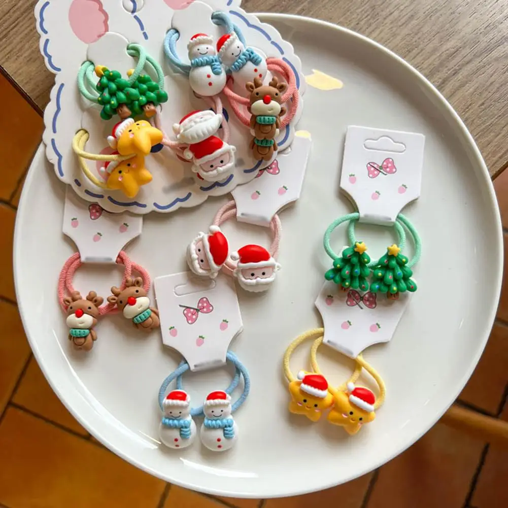 5Pair New Cute Cartoon Christmas Elk Elastic Hair Bands Rubber Hair Rope Tie Girls Hair Scrunchie Ponytail Holder Accessories