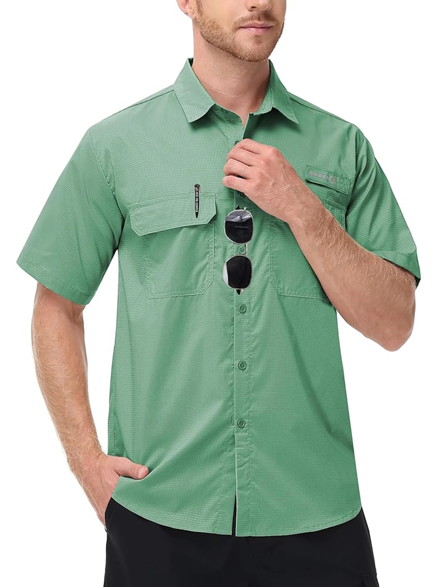 Herren UPF 50+ Kurzarm-Angelhemden mit Sonnenschutz, Rashguard, lässiges Button-Down-Angel-Wandershirt mit atmungsaktivem Mesh – Detail 15