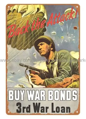 WW2 1942 BUY WAR BONDS 제 3 차 대전 차관 금속 주석 사인 주석 포스터