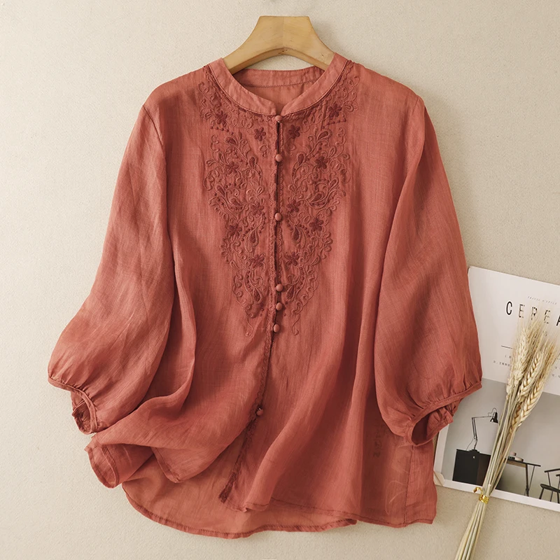 Retro Artistic Style Heavy Embroidery Floral Shirt Women's Early Autumn New Seven-Quarter Lantern Sleeve Asymmetric Top 2